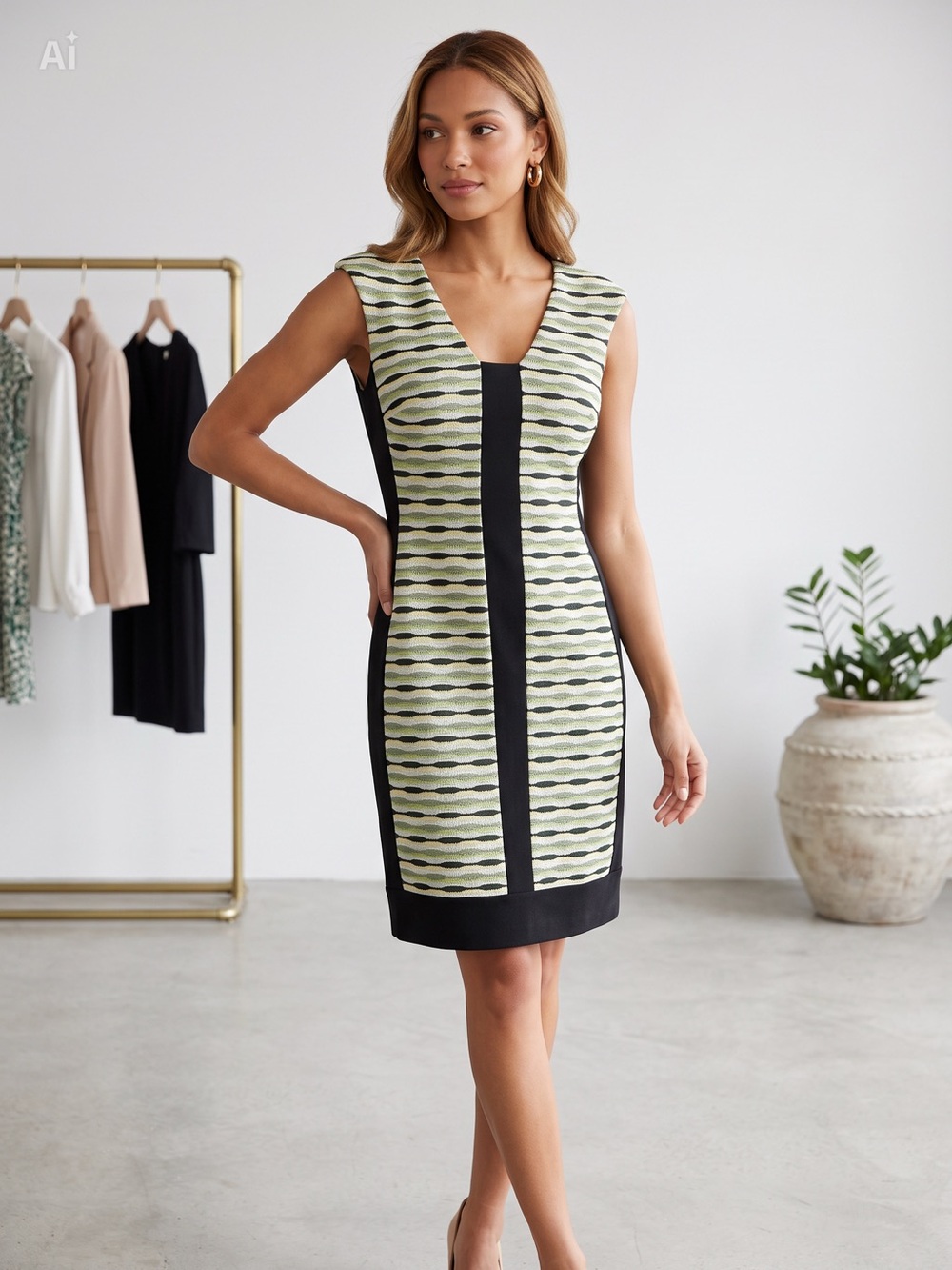 Maggy London Yellow-Green & Black Cap-Sleeve Sheath Dress